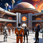 **Prompt:** A diverse group of "ciudadanos galácticos" from various planetary colonies gathering in a futuristic plaza, showcasing different adaptations and cultural attire, with a backdrop of advanced space architecture and a vibrant nebula sky. This illustrates the evolution of human identity and the blending of cultures in a space-faring civilization.