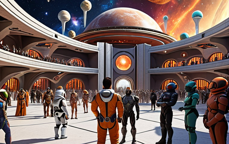 **Prompt:** A diverse group of "ciudadanos galácticos" from various planetary colonies gathering in a futuristic plaza, showcasing different adaptations and cultural attire, with a backdrop of advanced space architecture and a vibrant nebula sky. This illustrates the evolution of human identity and the blending of cultures in a space-faring civilization.