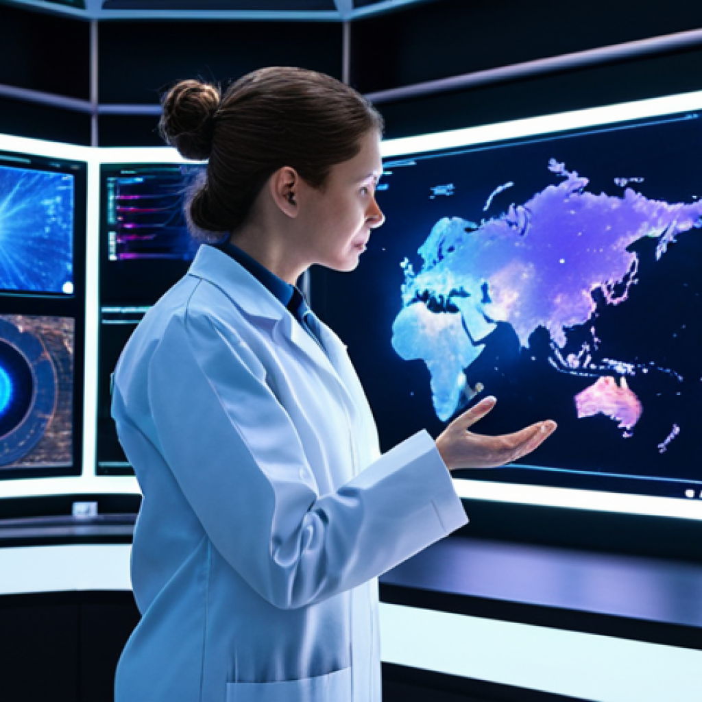 A professional female scientist in a modest, fully clothed lab coat over professional attire, standing in a futuristic space research laboratory. She is focused on and gesturing towards a large, interactive holographic display showcasing complex cosmic data visualizations, including galaxy formations and detailed exoplanet atmospheric spectra, highlighting AI-driven insights. The lab is dimly lit with ambient blue and purple light from the screens. The image features perfect anatomy, correct proportions, natural pose, well-formed hands, proper finger count, natural body proportions, safe for work, appropriate content, professional, high-resolution, ultra-detailed, cinematic lighting, professional photography.
