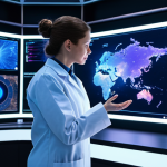 A professional female scientist in a modest, fully clothed lab coat over professional attire, standing in a futuristic space research laboratory. She is focused on and gesturing towards a large, interactive holographic display showcasing complex cosmic data visualizations, including galaxy formations and detailed exoplanet atmospheric spectra, highlighting AI-driven insights. The lab is dimly lit with ambient blue and purple light from the screens. The image features perfect anatomy, correct proportions, natural pose, well-formed hands, proper finger count, natural body proportions, safe for work, appropriate content, professional, high-resolution, ultra-detailed, cinematic lighting, professional photography.