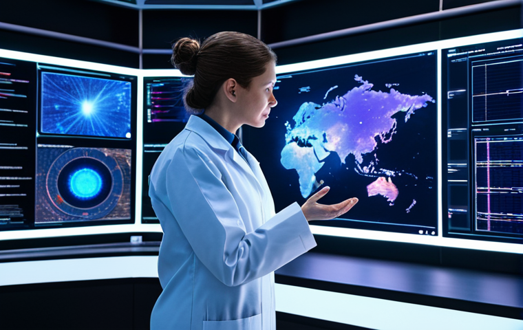 A professional female scientist in a modest, fully clothed lab coat over professional attire, standing in a futuristic space research laboratory. She is focused on and gesturing towards a large, interactive holographic display showcasing complex cosmic data visualizations, including galaxy formations and detailed exoplanet atmospheric spectra, highlighting AI-driven insights. The lab is dimly lit with ambient blue and purple light from the screens. The image features perfect anatomy, correct proportions, natural pose, well-formed hands, proper finger count, natural body proportions, safe for work, appropriate content, professional, high-resolution, ultra-detailed, cinematic lighting, professional photography.