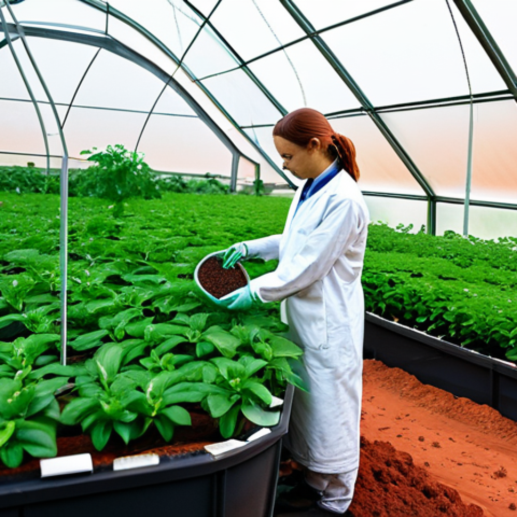 우주 이주 계획의 기후 변화와의 관계 - Martian Greenhouse**
"A fully clothed scientist tending to lush, green plants inside a brightly lit...