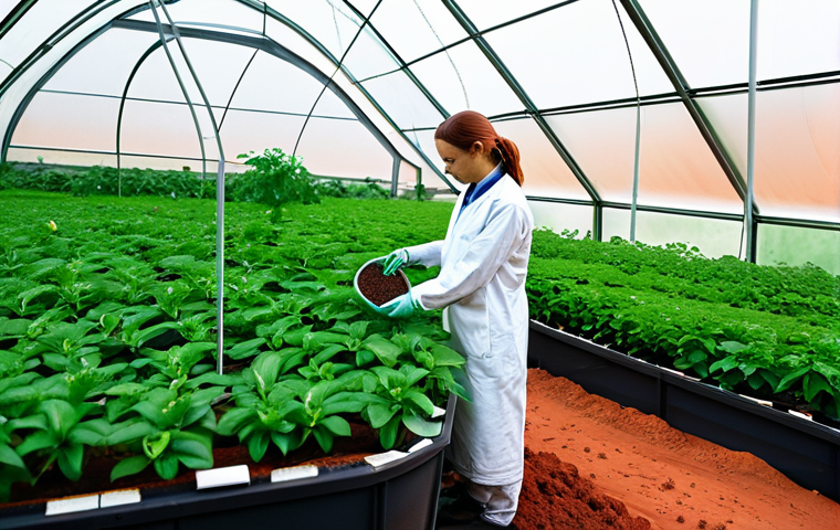 우주 이주 계획의 기후 변화와의 관계 - Martian Greenhouse**
"A fully clothed scientist tending to lush, green plants inside a brightly lit...