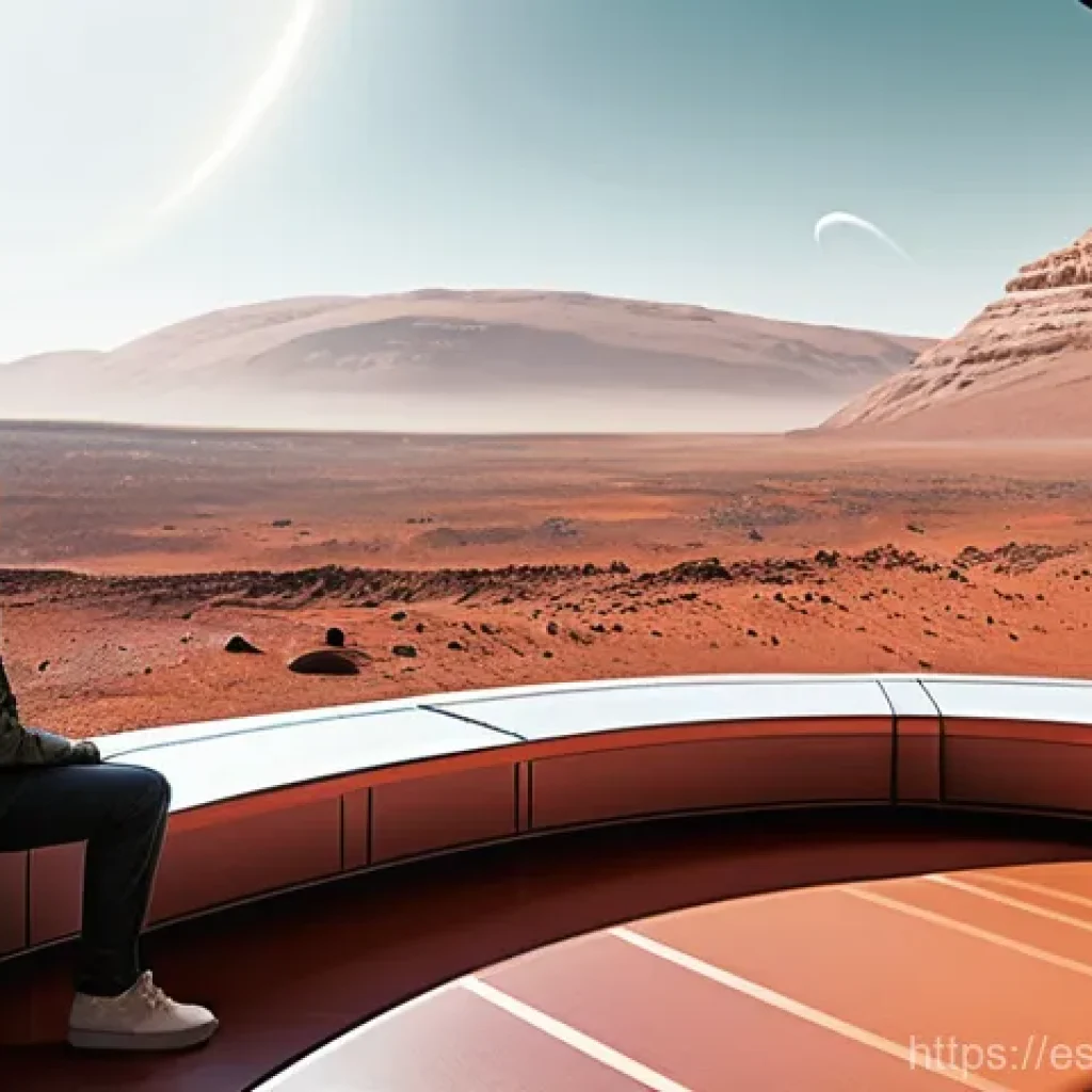 화성 이주 시 필요한 기술 목록 - **Prompt:** A futuristic, self-sustaining human habitat on Mars. The interior is a large, multi-leve...