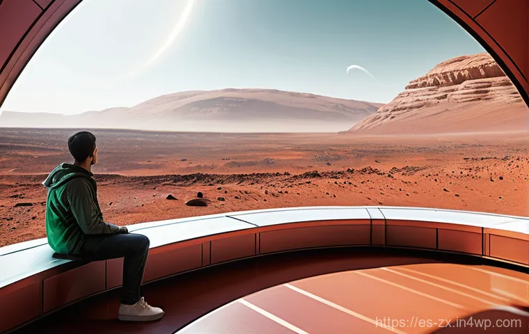 화성 이주 시 필요한 기술 목록 - **Prompt:** A futuristic, self-sustaining human habitat on Mars. The interior is a large, multi-leve...
