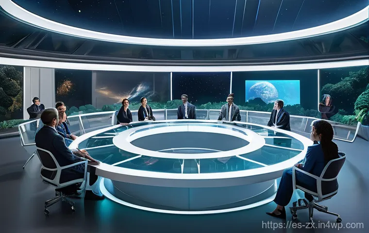 우주에서의 인간 사회의 구조 - **Prompt 1: Futuristic Space Council Meeting**
An image depicting a diverse group of fully cloth...