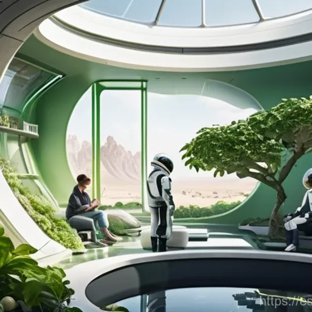 행성간 이주를 위한 지속 가능한 거주지 디자인 - **Prompt:** A futuristic, multi-story Martian habitat interior, bathed in warm, filtered light mimic...