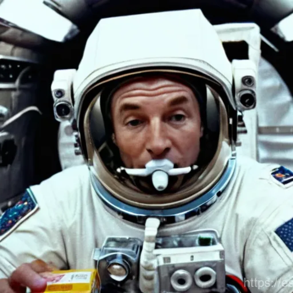 우주 식량 공급 체계의 발전 - **Early Space Food: Austere Beginnings**
A realistic, high-definition image of a male astronaut ...