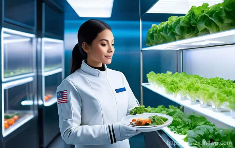 우주 식량 공급 체계의 발전 - **ISS Culinary Exchange: A Taste of Home**
    An vibrant, medium-shot image inside the spacious, br...