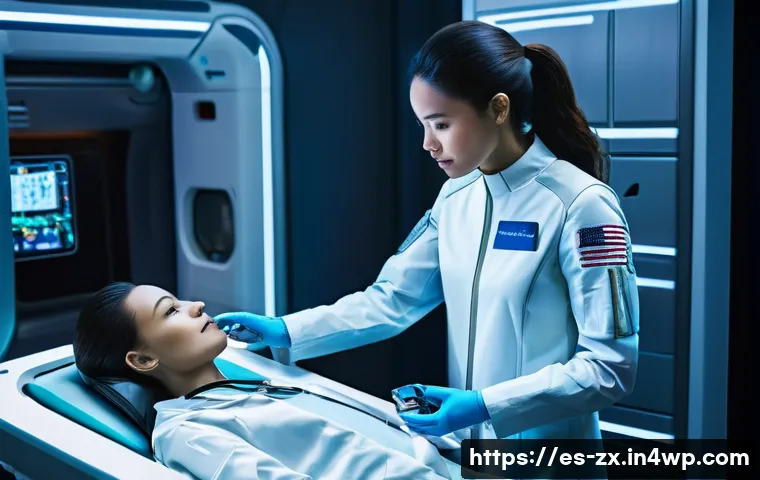 행성간 이주를 위한 건강 관리 시스템 - **Prompt:** "A female astronaut, dressed in a sleek and practical space uniform, is performing a sel...