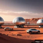 Home 23 화성 기지 건설을 위한 초기 설계 - A futuristic Mars colony base featuring modular interconnected habitats with lightweight, high-tech ...