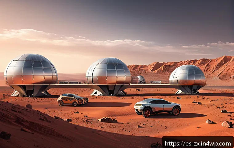 화성 기지 건설을 위한 초기 설계 - A futuristic Mars colony base featuring modular interconnected habitats with lightweight, high-tech ...