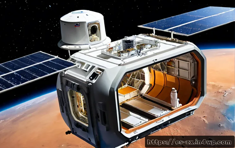 Home 17 화성 이주 시 우주선의 설계 과제 - Photorealistic cutaway view of a Mars transfer spacecraft in deep space, showing a compact living mo...