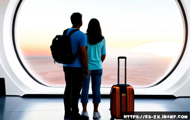 Home 17 2030년대 행성간 이주 일정 - Photorealistic cinematic scene of a Spanish-speaking family in casual travel clothing standing in a ...