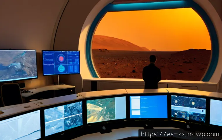 Home 17 행성간 이주를 위한 인공지능 솔루션 - Photorealistic interior of a Mars-bound colony operations center, a diverse Spanish-speaking enginee...